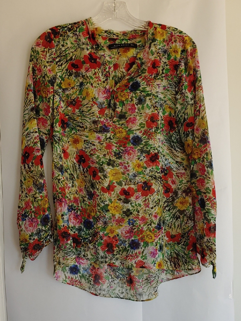 Zara Multicolor Floral V-Neck Sheer Blouse
